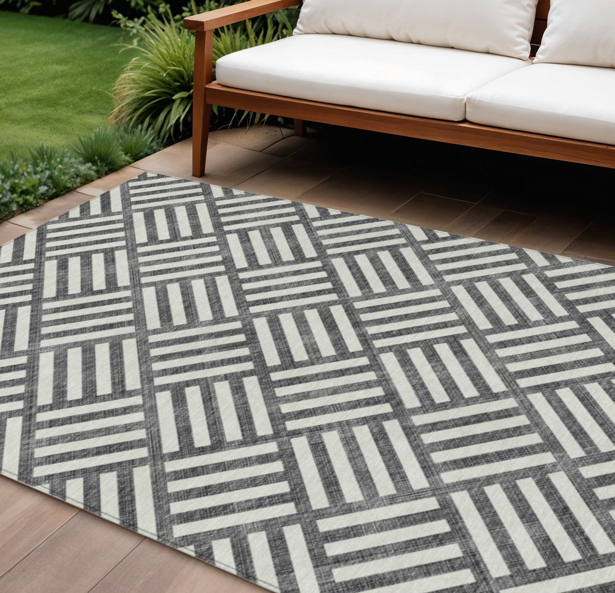 10' X 14' Black And Ivory Geometric Washable Indoor Outdoor Area Rug