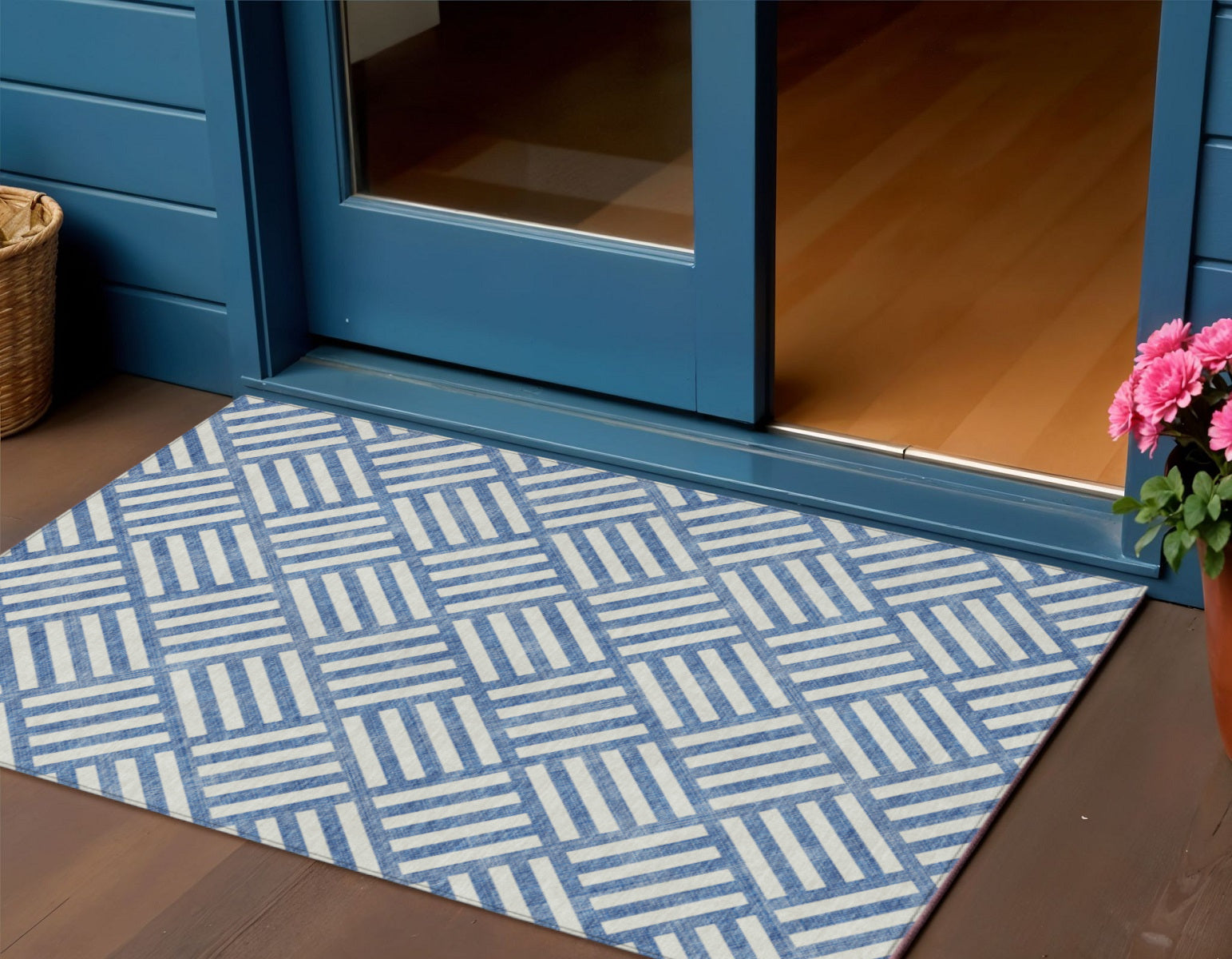 3' X 5' Blue And Ivory Geometric Washable Indoor Outdoor Area Rug