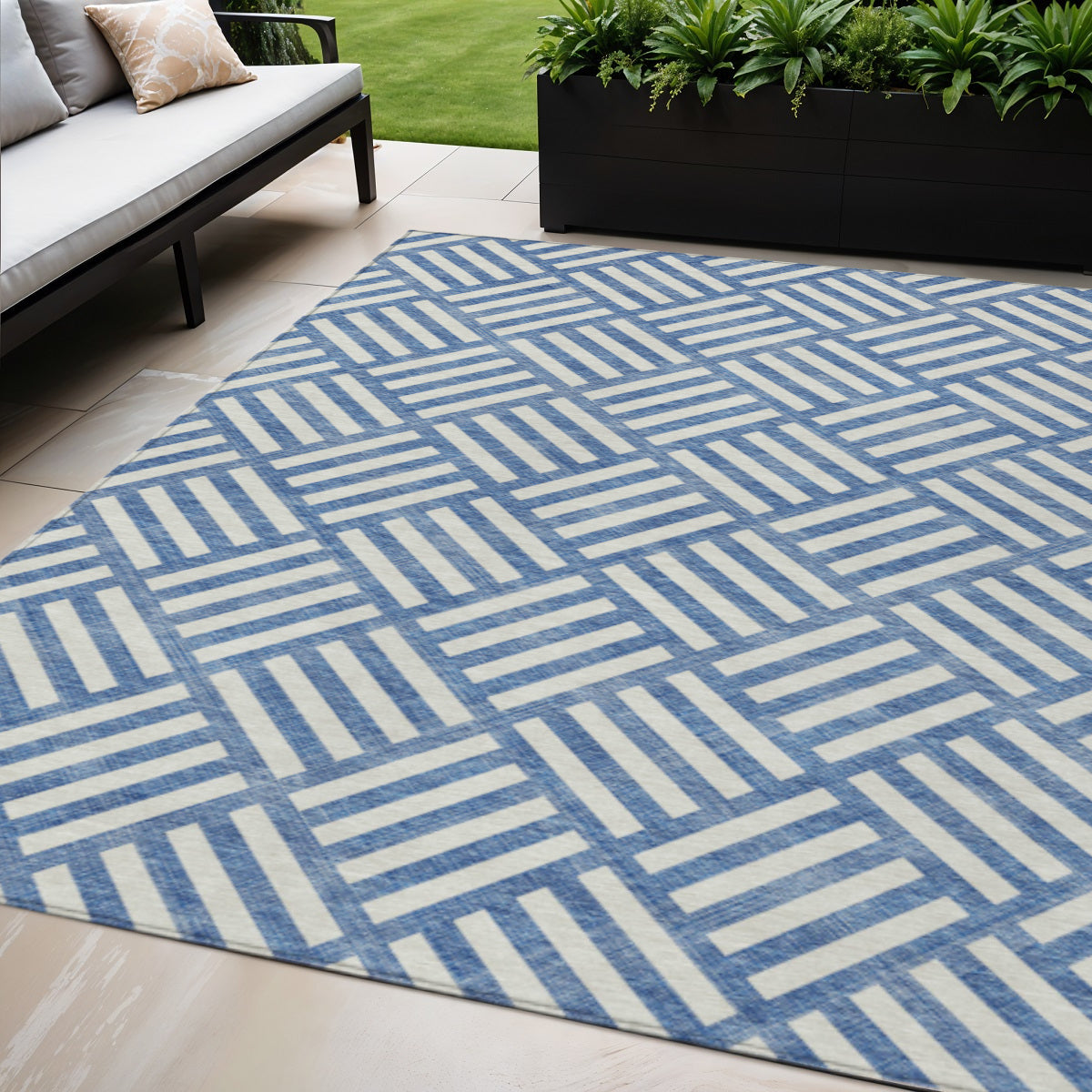 5' X 8' Blue And Ivory Geometric Washable Indoor Outdoor Area Rug