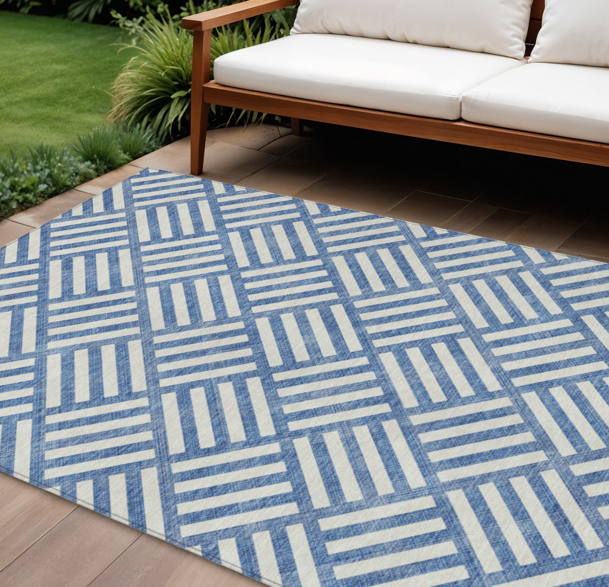 9' X 12' Blue And Ivory Geometric Washable Indoor Outdoor Area Rug