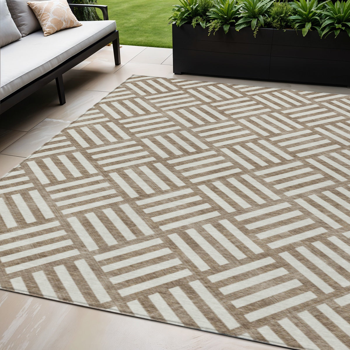 5' X 8' Brown And Ivory Geometric Washable Indoor Outdoor Area Rug