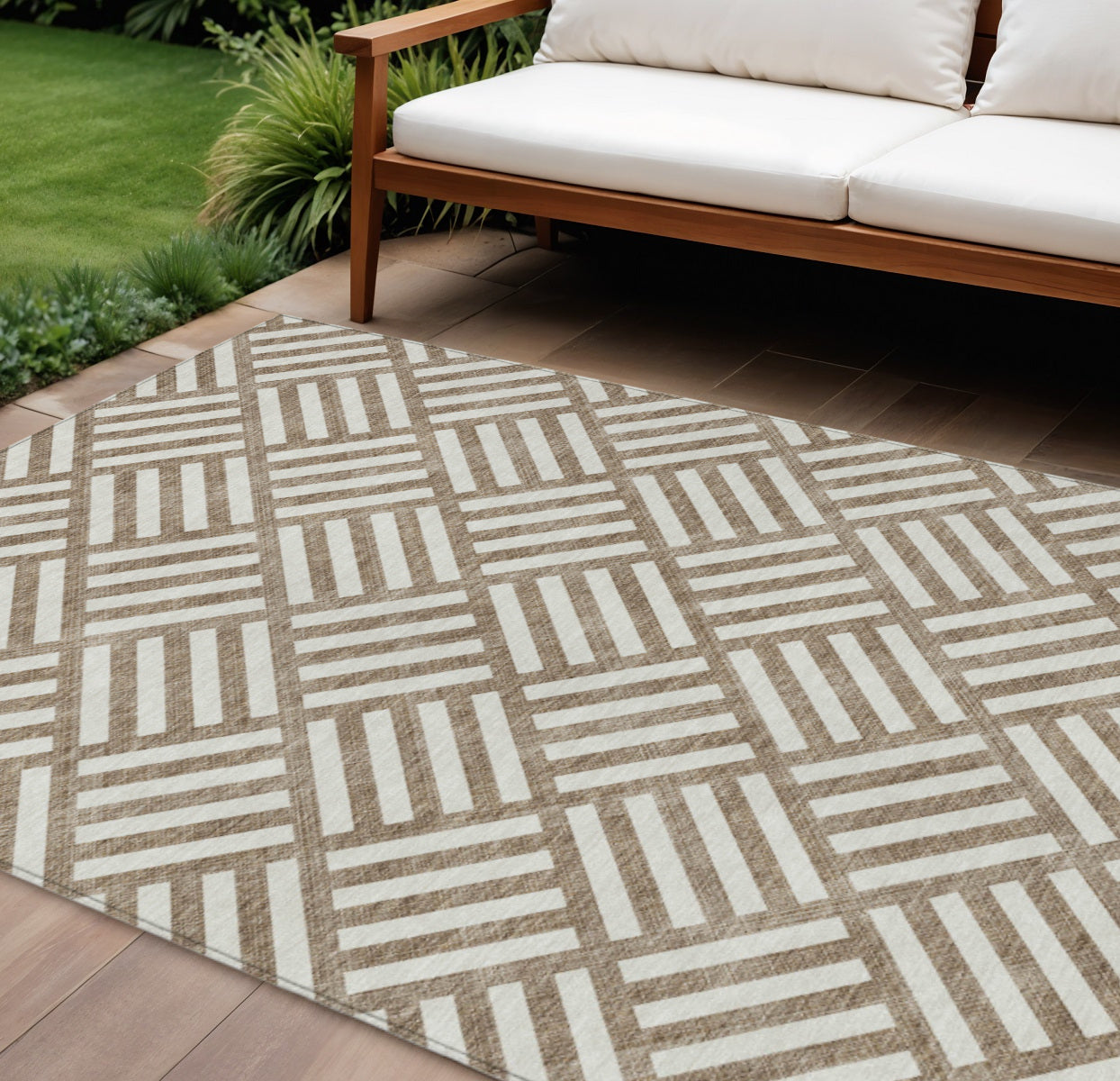 9' X 12' Brown And Ivory Geometric Washable Indoor Outdoor Area Rug