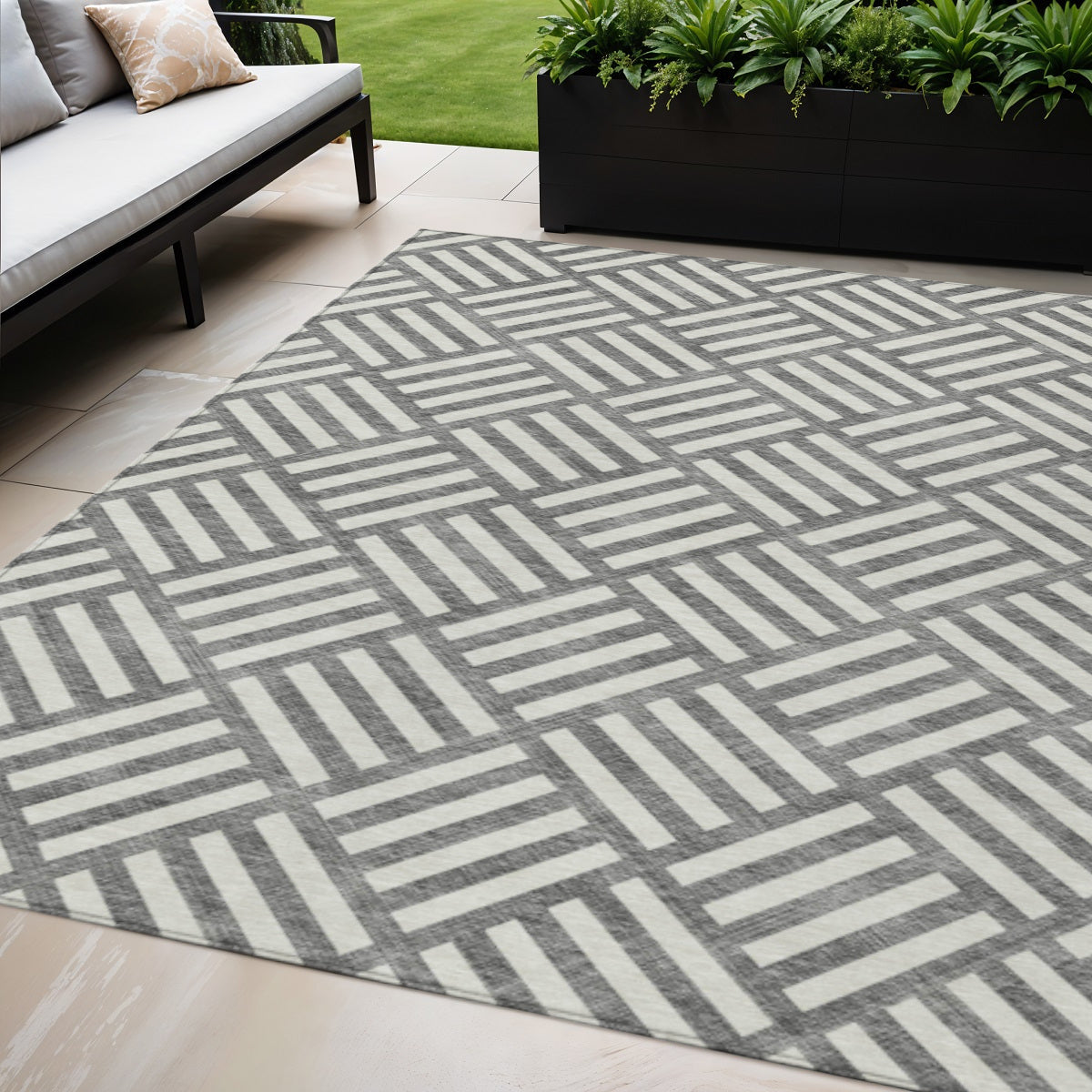 5' X 8' Charcoal And Ivory Geometric Washable Indoor Outdoor Area Rug