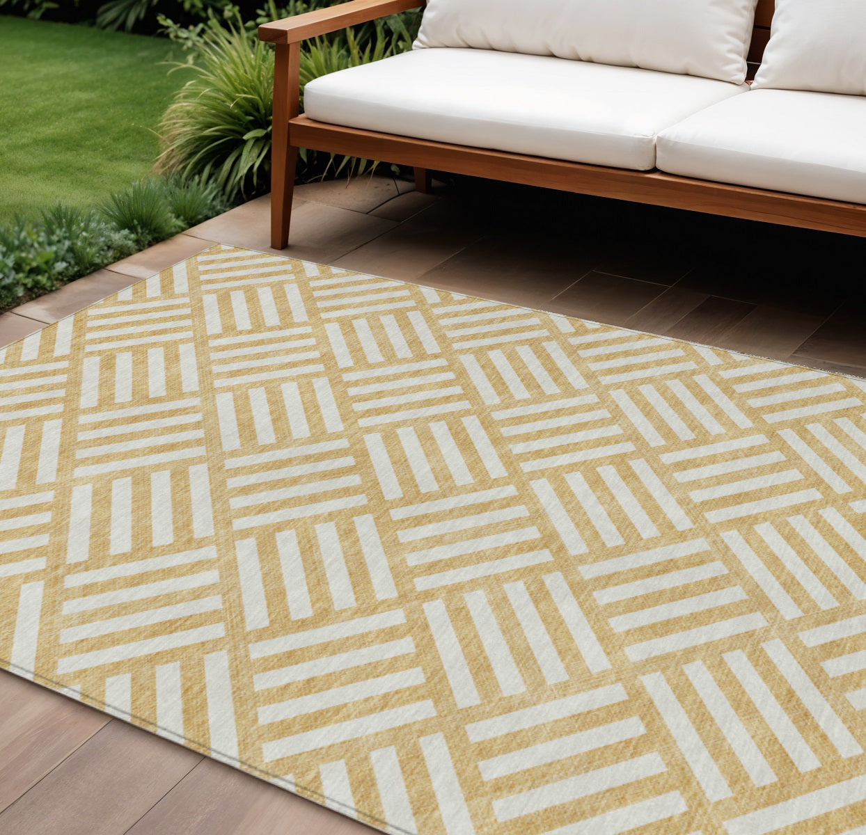9' X 12' Gold And Ivory Geometric Washable Indoor Outdoor Area Rug