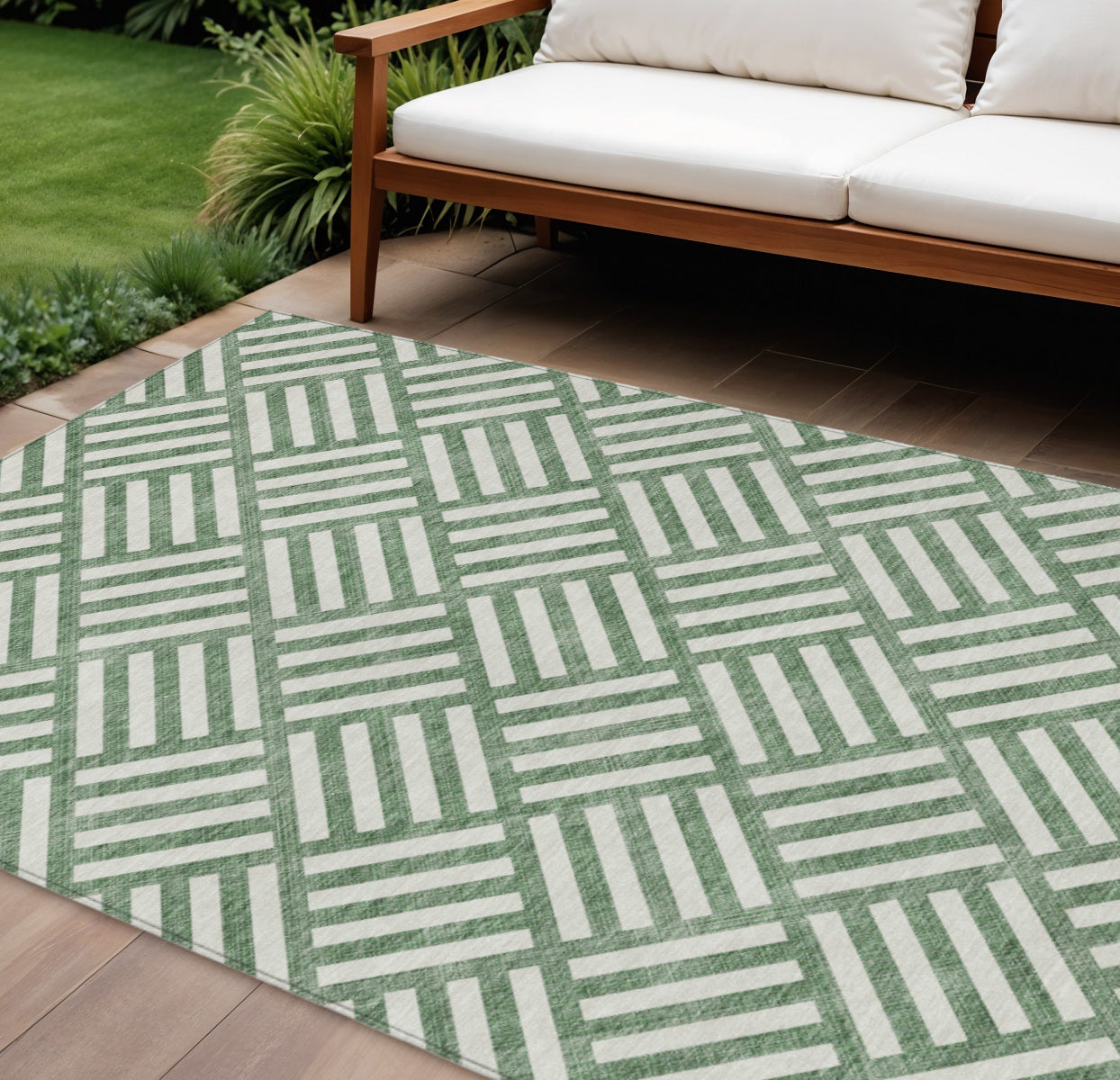 10' X 14' Green And Ivory Geometric Washable Indoor Outdoor Area Rug