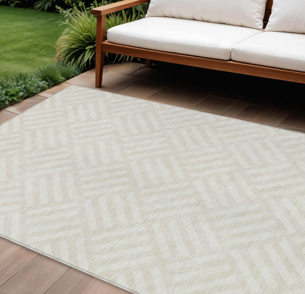 9' X 12' Ivory And Beige Geometric Washable Indoor Outdoor Area Rug