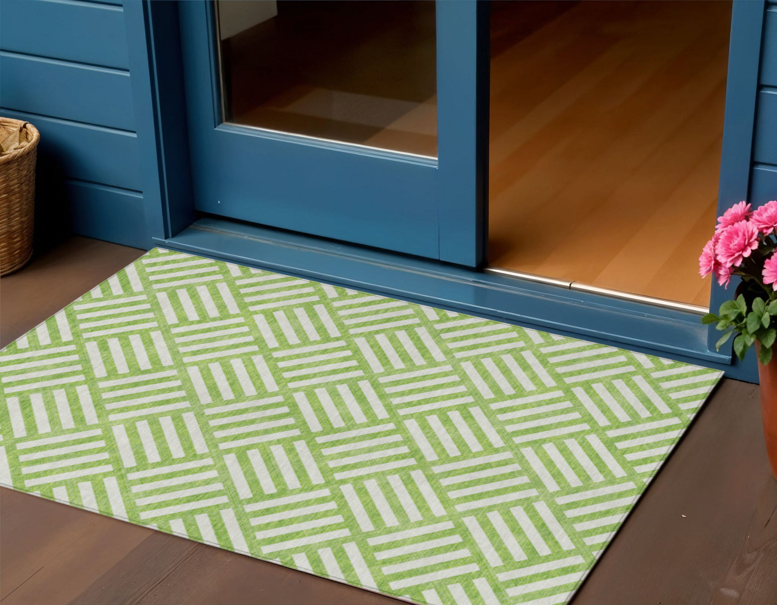 3' X 5' Lime Green And Ivory Geometric Washable Indoor Outdoor Area Rug