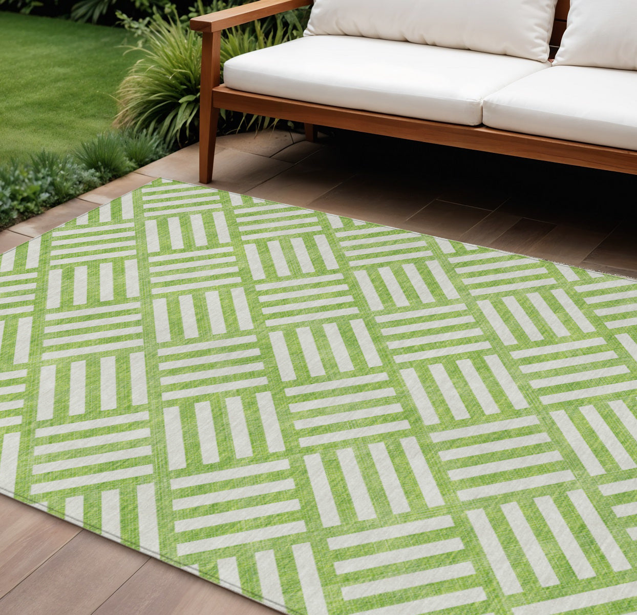 10' X 14' Lime Green And Ivory Geometric Washable Indoor Outdoor Area Rug