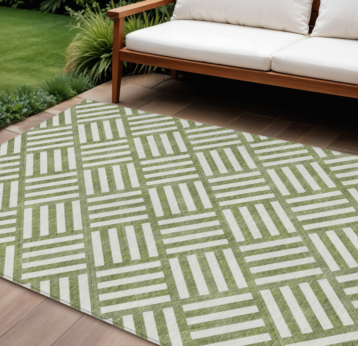 9' X 12' Olive Green And Ivory Geometric Washable Indoor Outdoor Area Rug