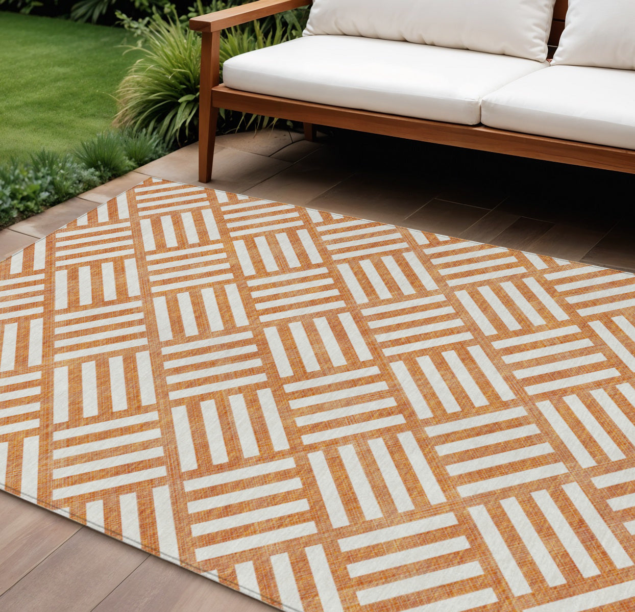 9' X 12' Orange And Ivory Geometric Washable Indoor Outdoor Area Rug