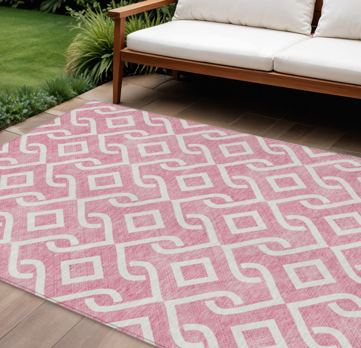 9' X 12' Blush And Ivory Geometric Washable Indoor Outdoor Area Rug