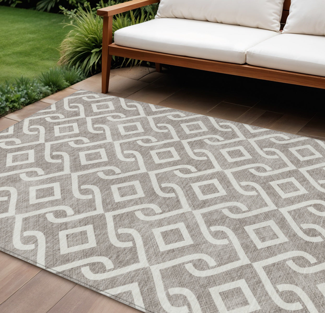 9' X 12' Taupe And Ivory Geometric Washable Indoor Outdoor Area Rug