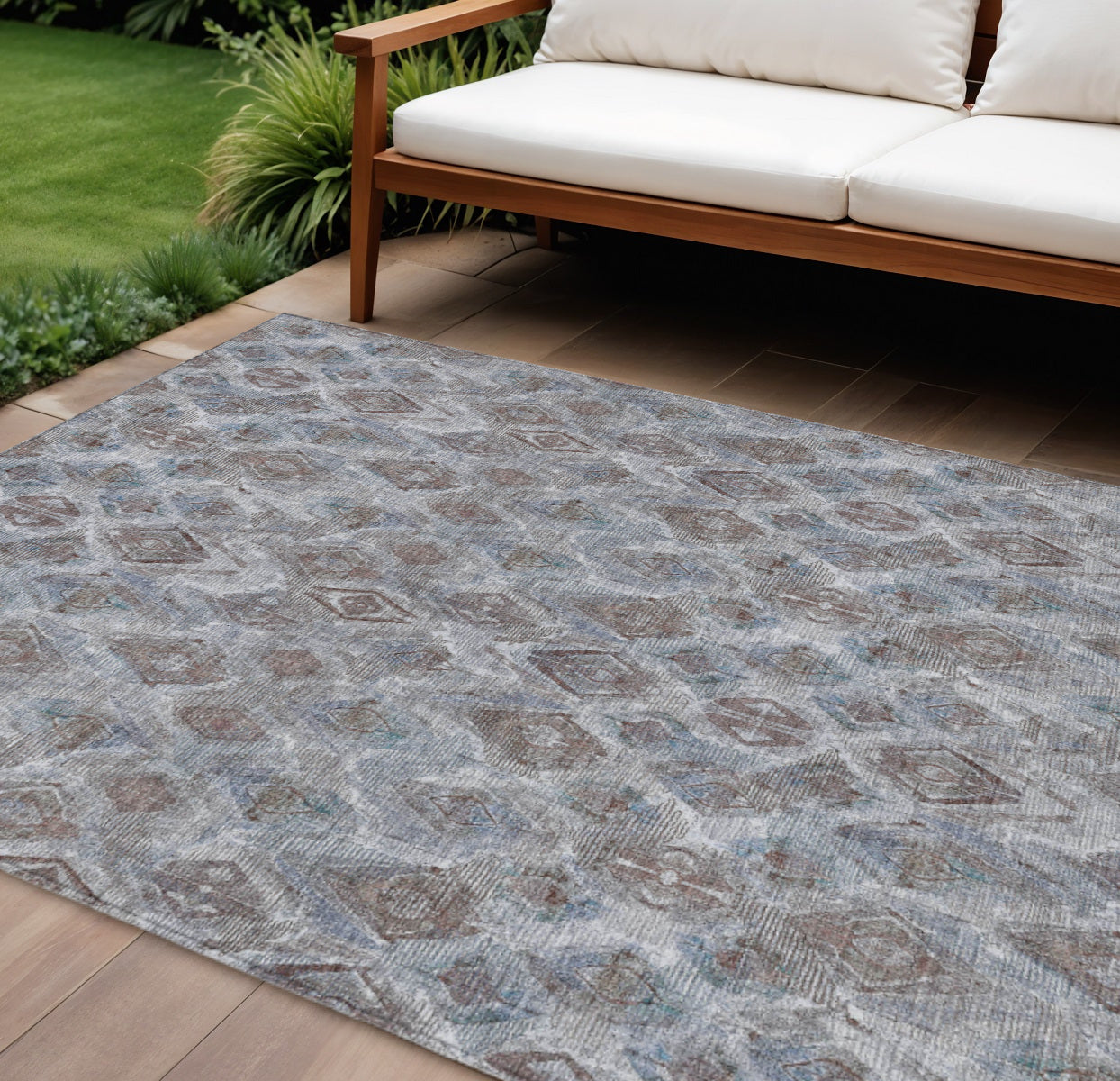 10' X 14' Sky Blue And Silver Geometric Washable Indoor Outdoor Area Rug