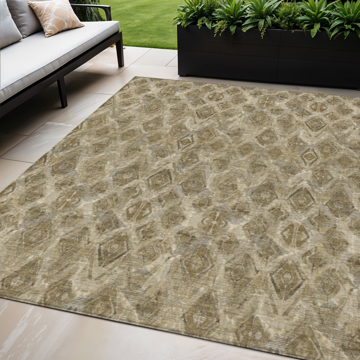 5' X 8' Brown Beige And Tan Geometric Washable Indoor Outdoor Area Rug
