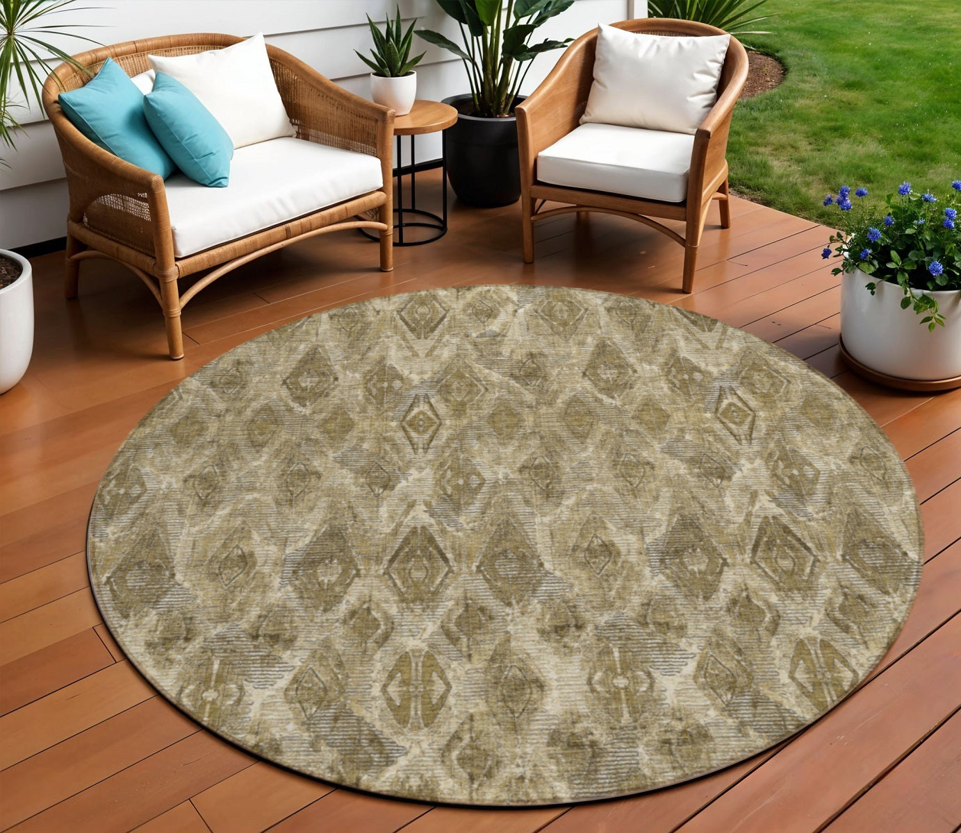 8' Brown Beige And Tan Round Geometric Washable Indoor Outdoor Area Rug