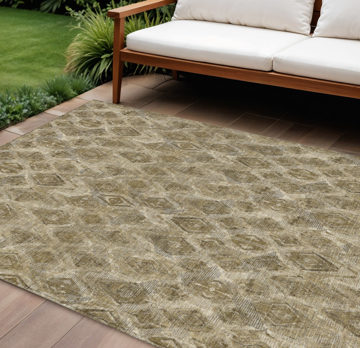 8' X 10' Brown Beige And Tan Geometric Washable Indoor Outdoor Area Rug
