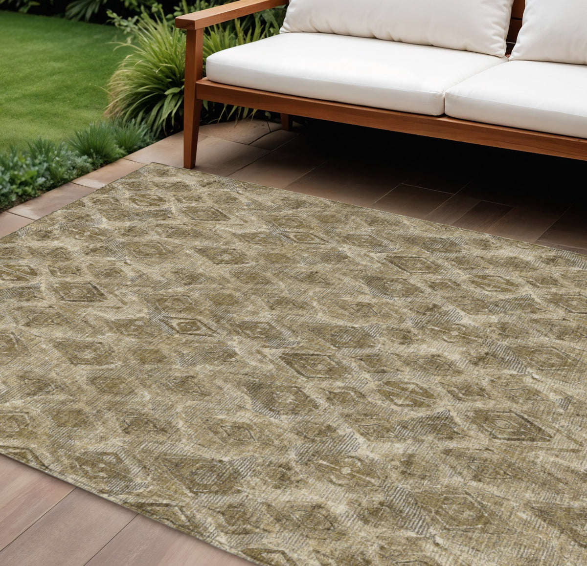 9' X 12' Brown Beige And Tan Geometric Washable Indoor Outdoor Area Rug