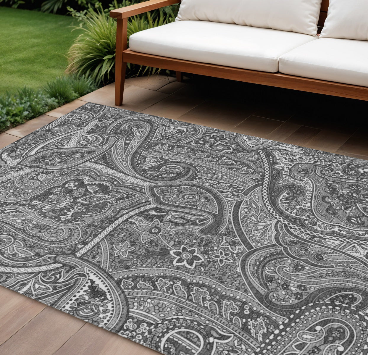 9' X 12' Gray Silver And Charcoal Paisley Washable Indoor Outdoor Area Rug