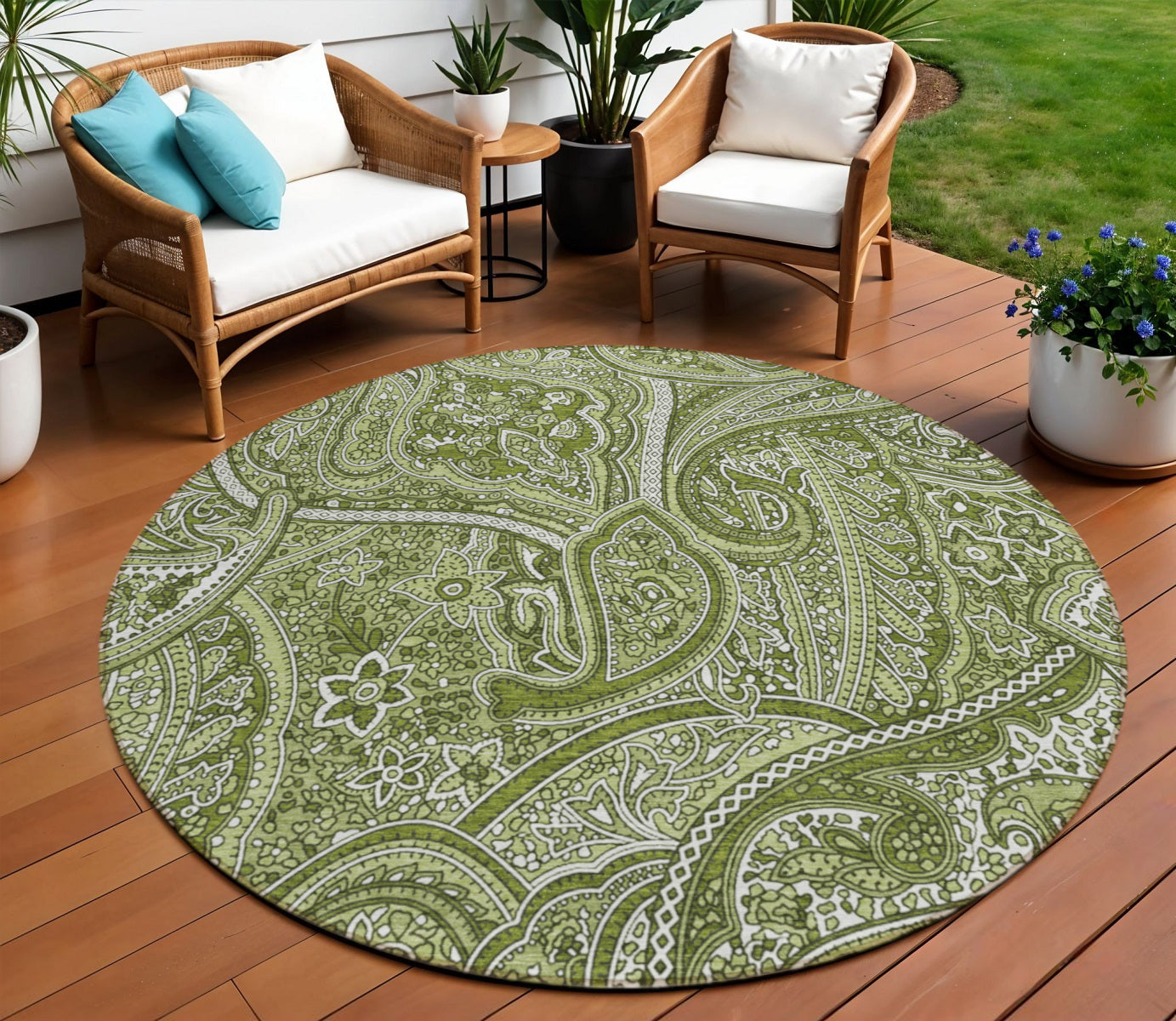 8' Artichoke Green And Olive Green Round Paisley Washable Indoor Outdoor Area Rug