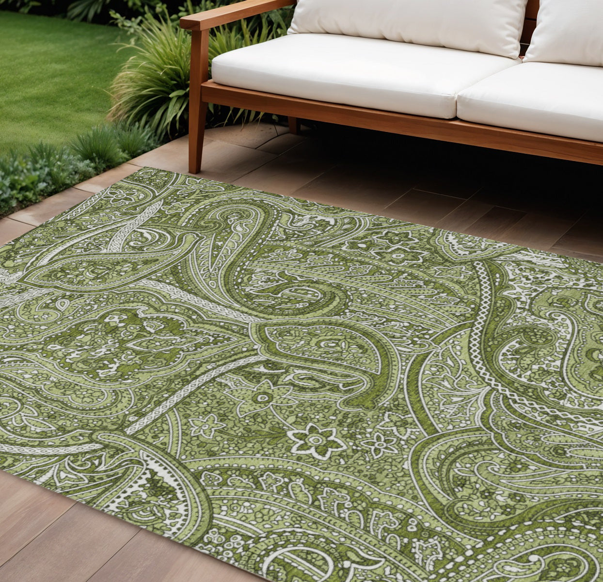 9' X 12' Artichoke Green And Olive Green Paisley Washable Indoor Outdoor Area Rug
