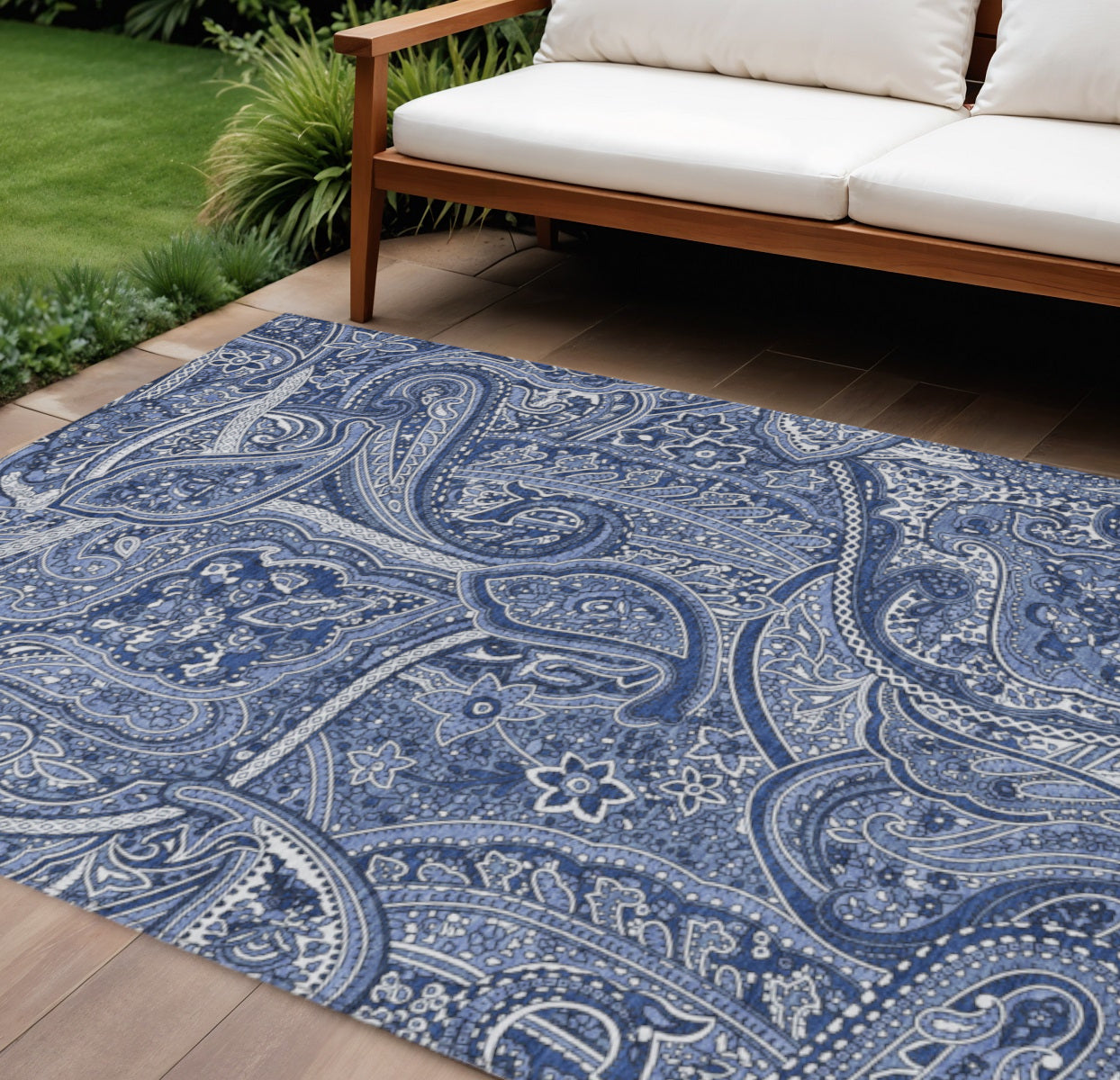 9' X 12' Navy Blue And Sky Blue Paisley Washable Indoor Outdoor Area Rug