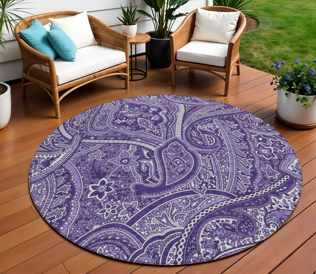 8' Purple Lavender And Silver Round Paisley Washable Indoor Outdoor Area Rug