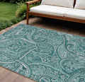 10' X 14' Teal Blue Aqua And Ivory Paisley Washable Indoor Outdoor Area Rug
