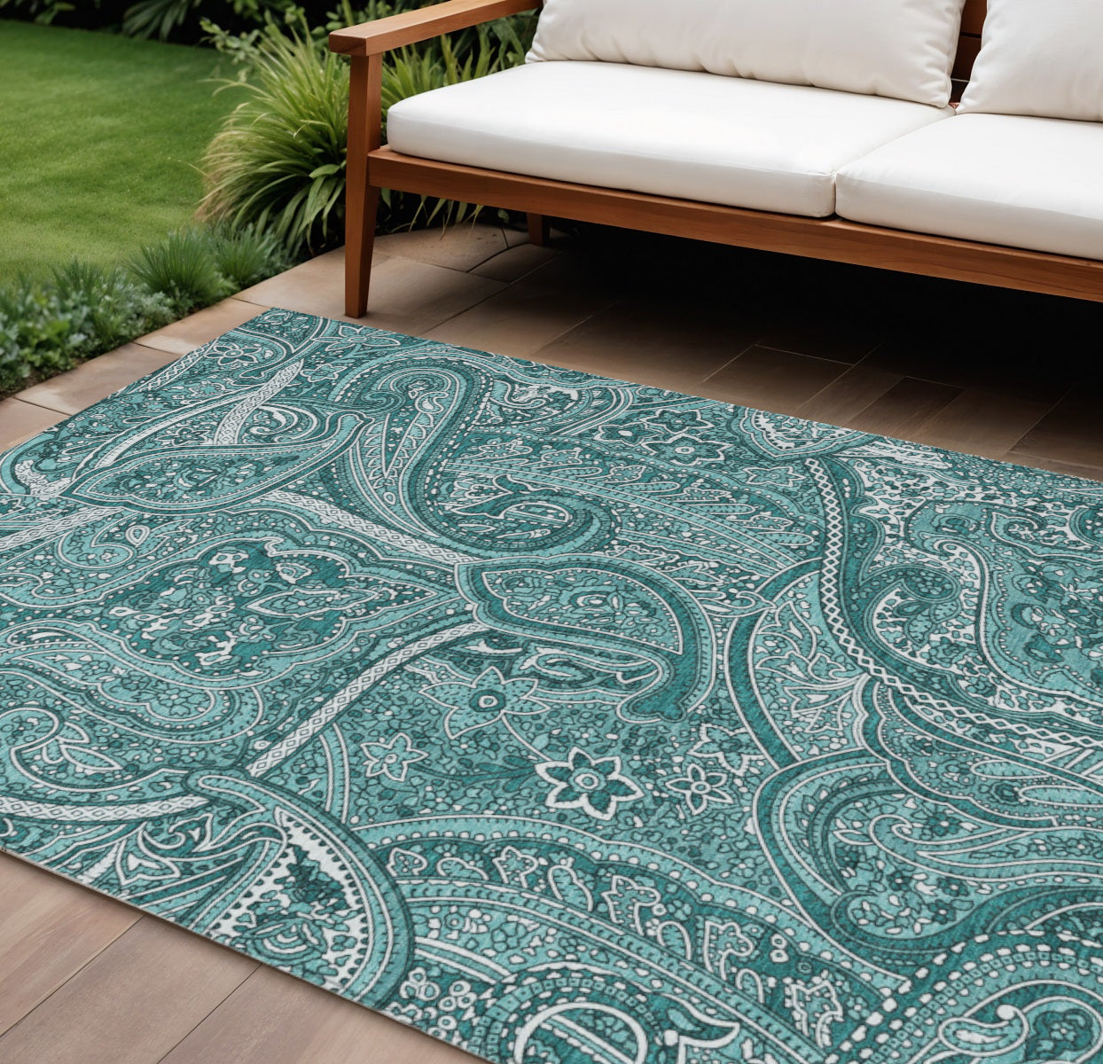 10' X 14' Teal Blue Aqua And Ivory Paisley Washable Indoor Outdoor Area Rug