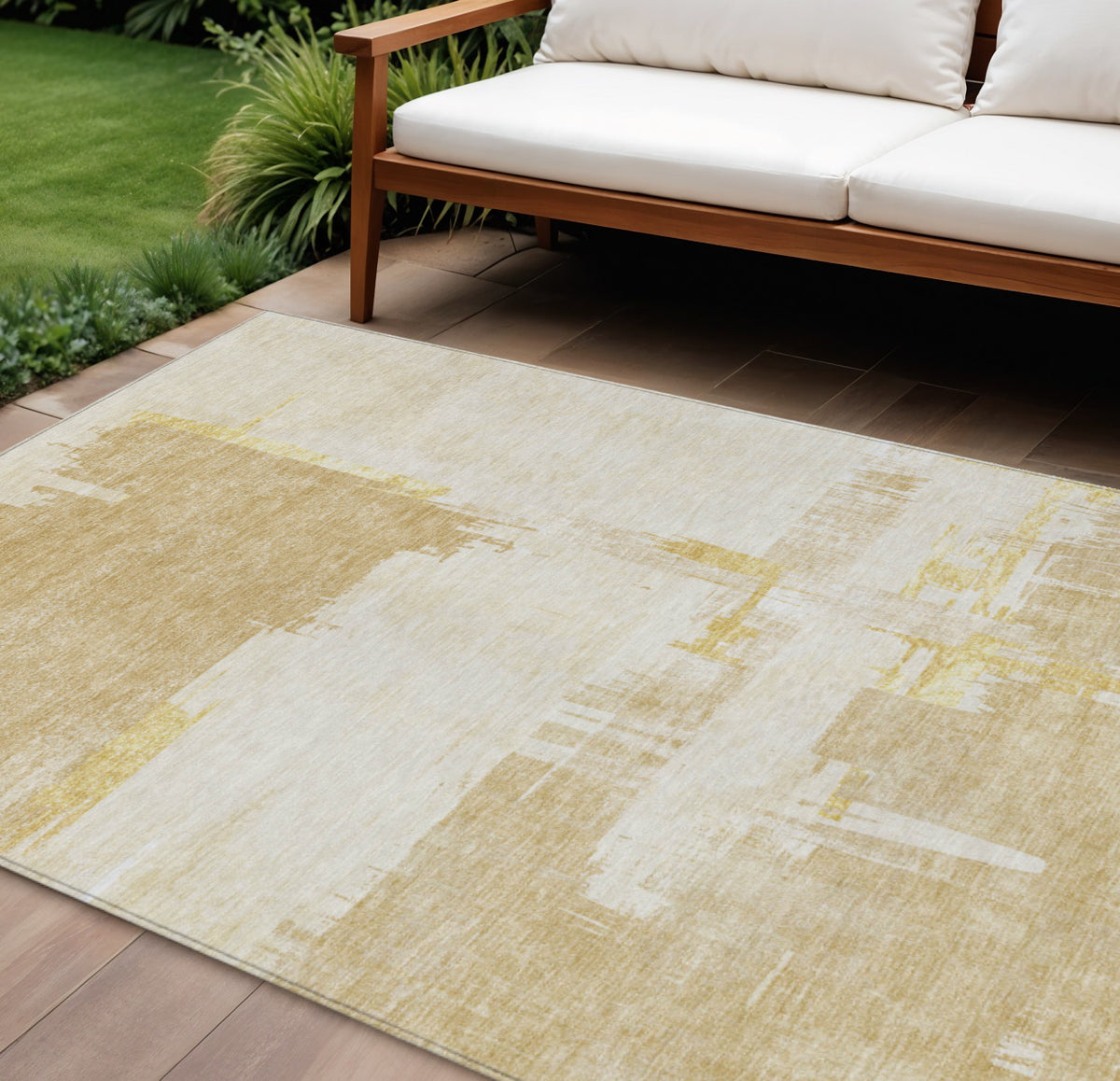 9' X 12' Beige Gold And Tan Abstract Washable Indoor Outdoor Area Rug