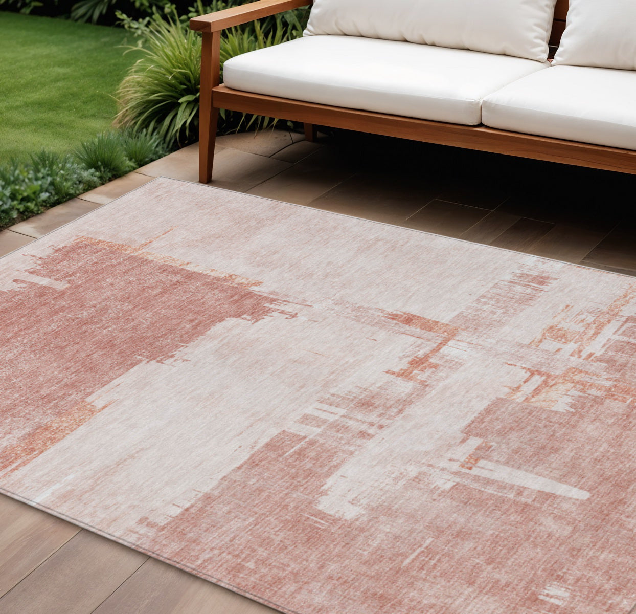10' X 14' Blush Mauve And Ivory Abstract Washable Indoor Outdoor Area Rug