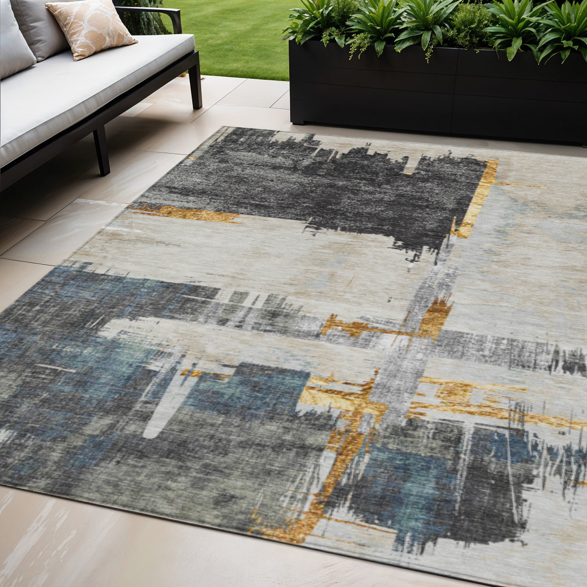 5' X 8' Charcoal Gray And Tan Abstract Washable Indoor Outdoor Area Rug