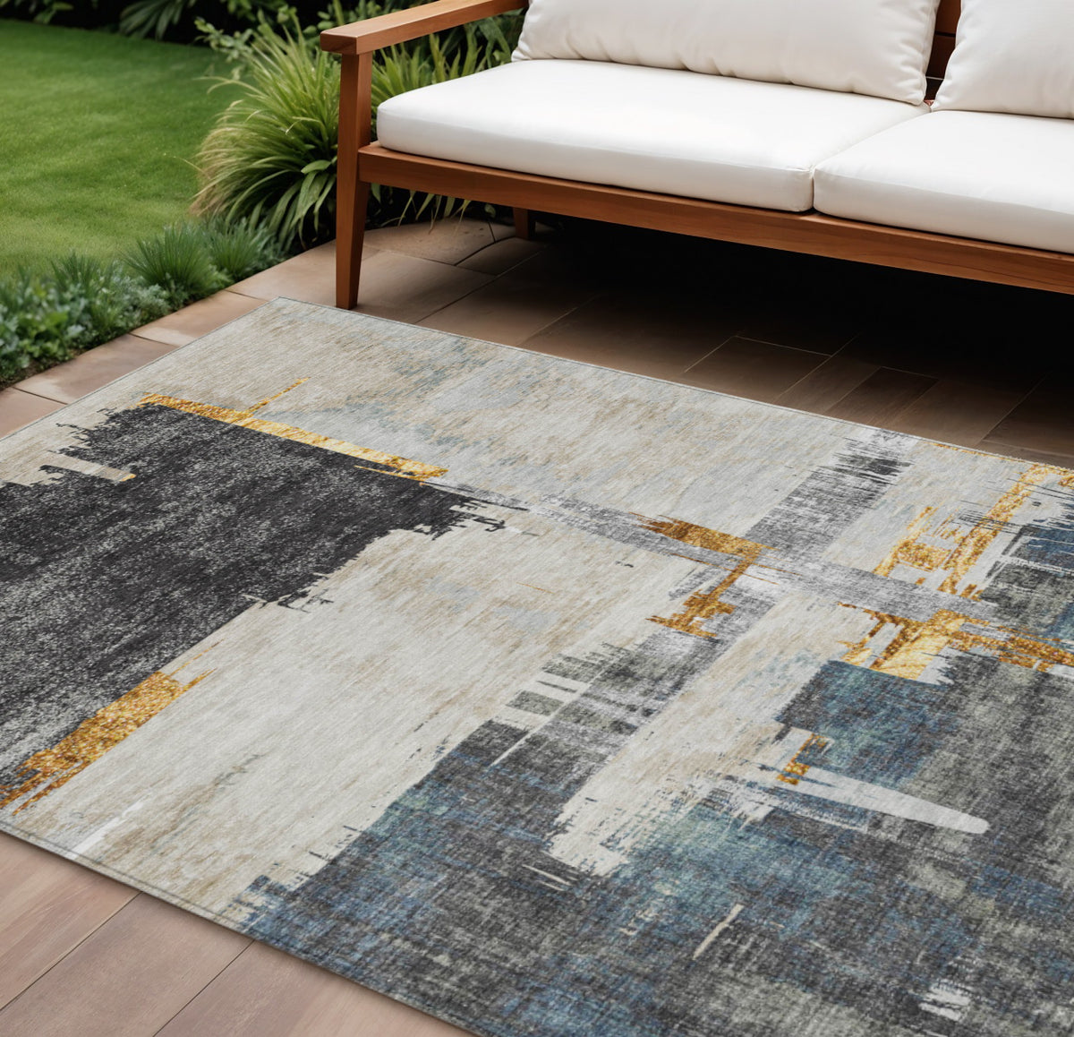 9' X 12' Charcoal Gray And Tan Abstract Washable Indoor Outdoor Area Rug