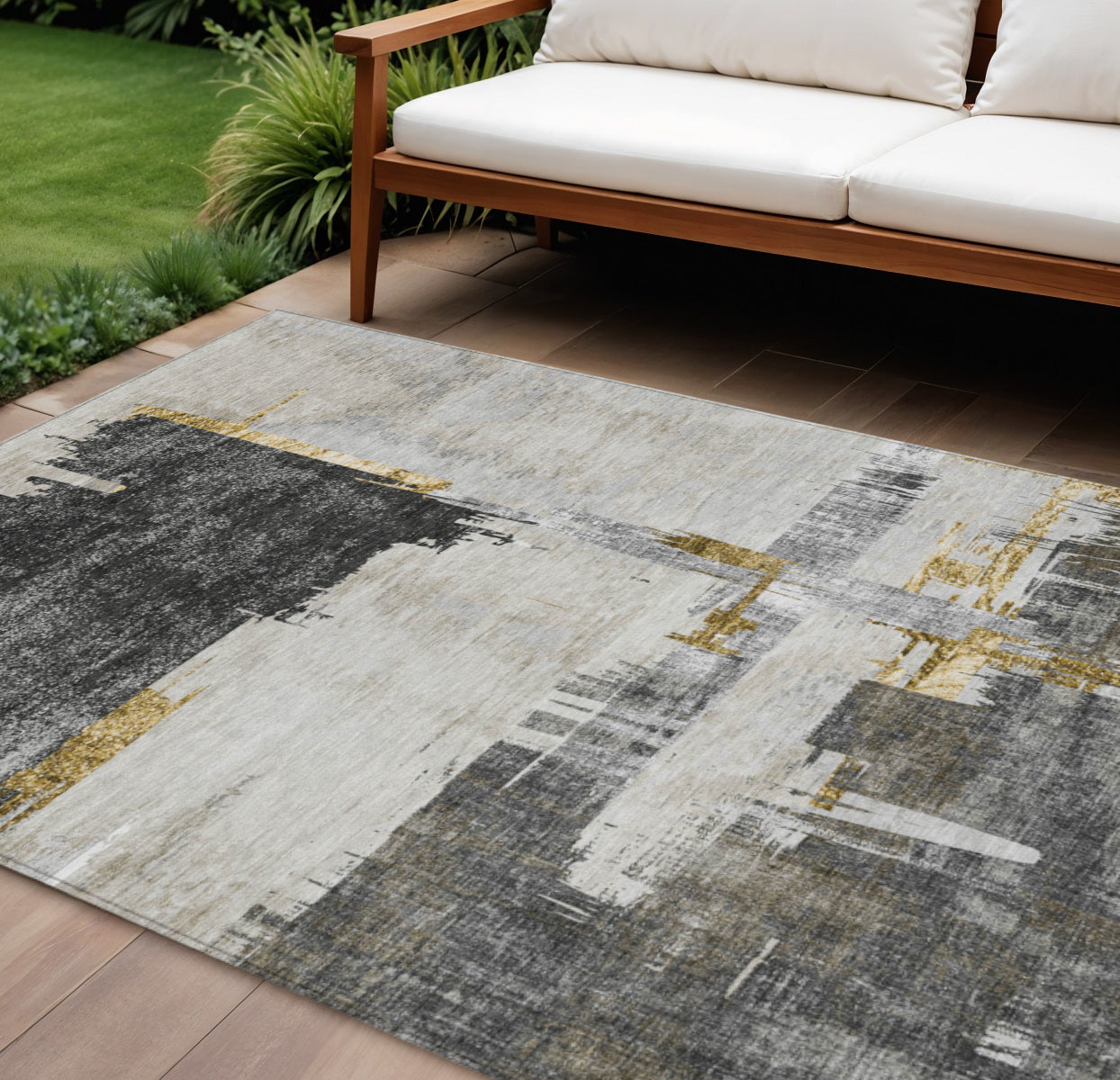 10' X 14' Gray And Tan Abstract Washable Indoor Outdoor Area Rug