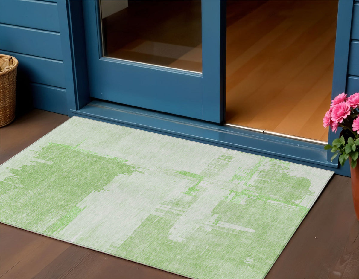 3' X 5' Green And Mint Green Abstract Washable Indoor Outdoor Area Rug