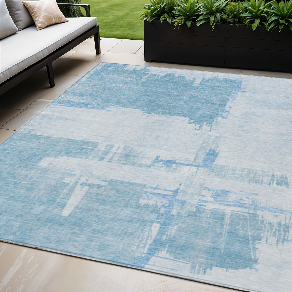 5' X 8' Sky Blue And Denim Blue Abstract Washable Indoor Outdoor Area Rug