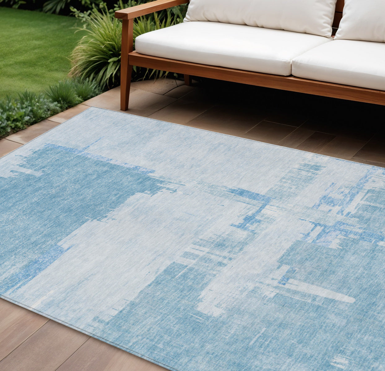 9' X 12' Sky Blue And Denim Blue Abstract Washable Indoor Outdoor Area Rug