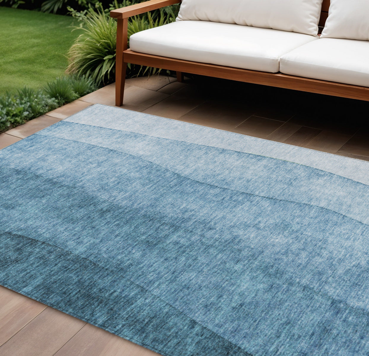 9' X 12' Denim Blue And Navy Blue Ombre Washable Indoor Outdoor Area Rug