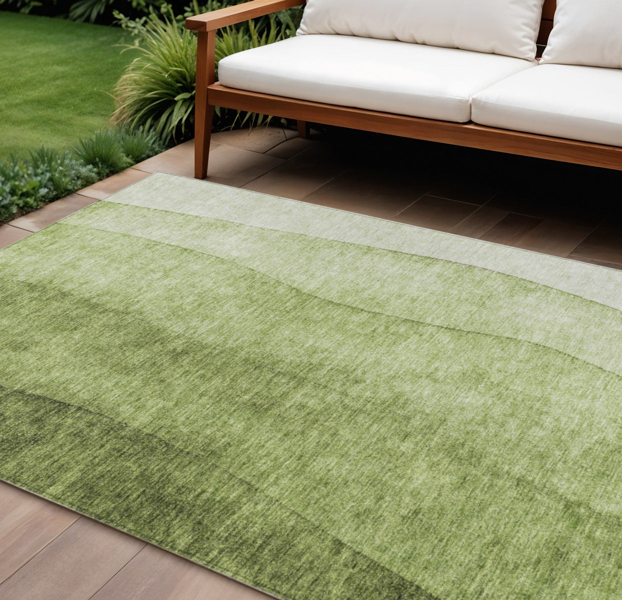 9' X 12' Olive Green And Artichoke Green Ombre Washable Indoor Outdoor Area Rug