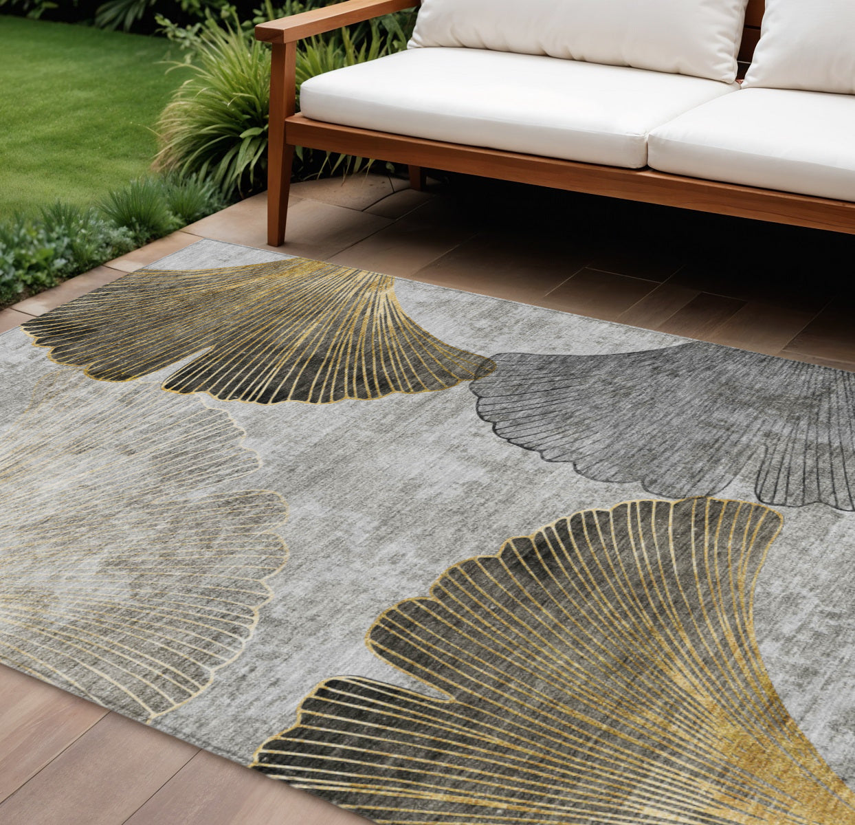 9' X 12' Gray Charcoal And Silver Floral Washable Indoor Outdoor Area Rug