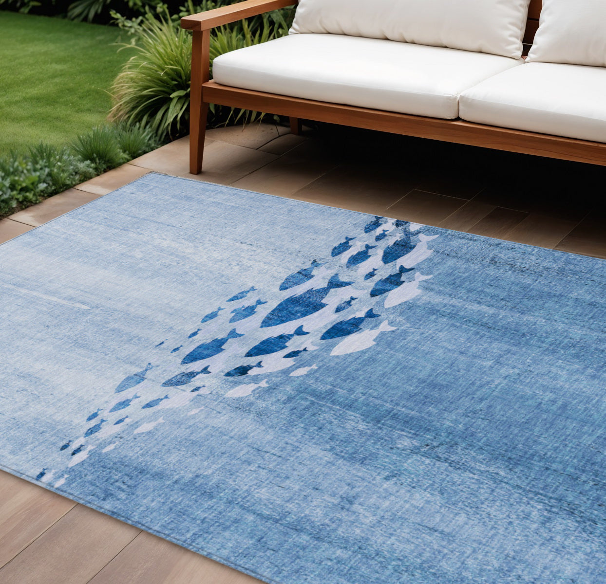9' X 12' Sky Blue And Navy Blue Nautical Washable Indoor Outdoor Area Rug