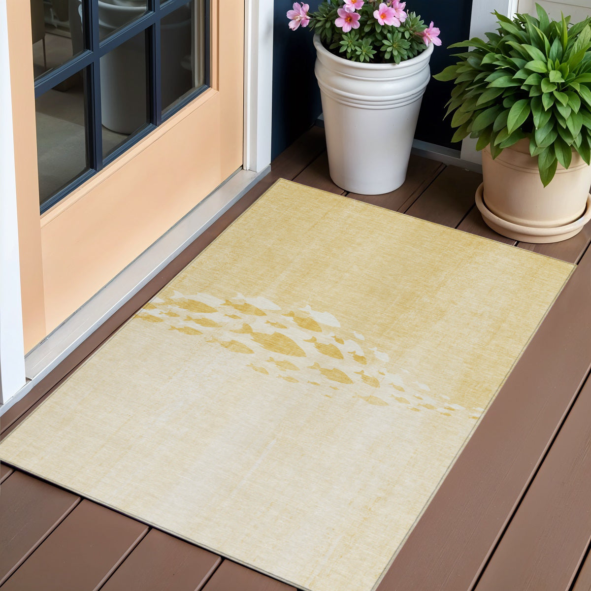 3' X 5' Gold Yellow And Wheat Nautical Washable Indoor Outdoor Area Rug