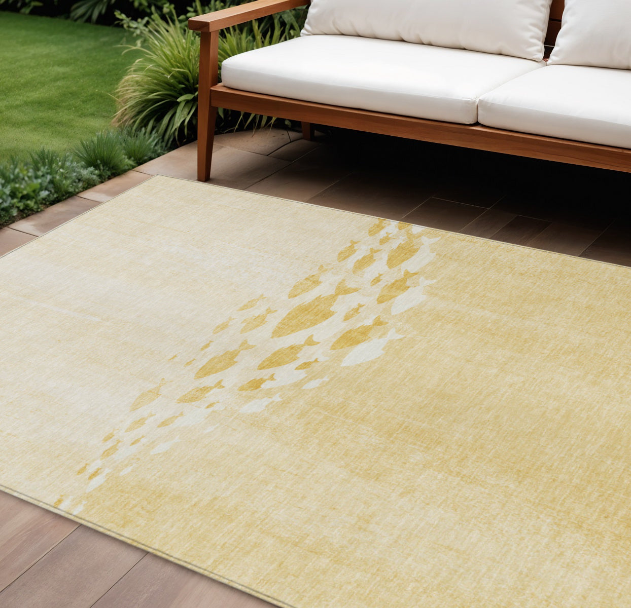 9' X 12' Gold Yellow And Wheat Nautical Washable Indoor Outdoor Area Rug