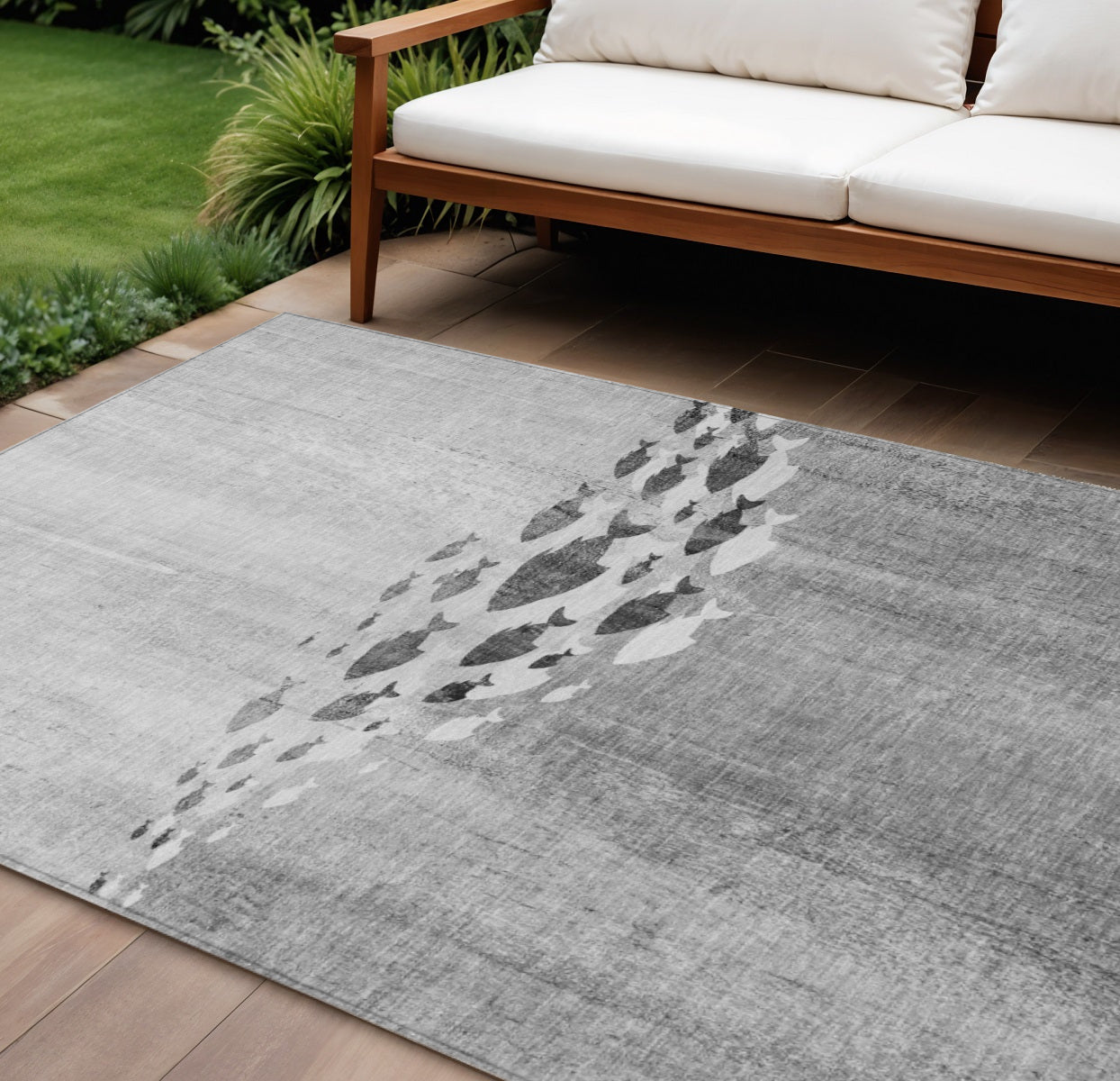 10' X 14' Gray Silver And Charcoal Nautical Washable Indoor Outdoor Area Rug
