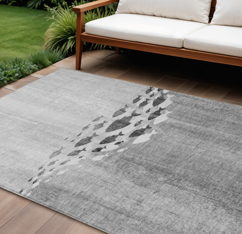 10' X 14' Gray Silver And Charcoal Nautical Washable Indoor Outdoor Area Rug