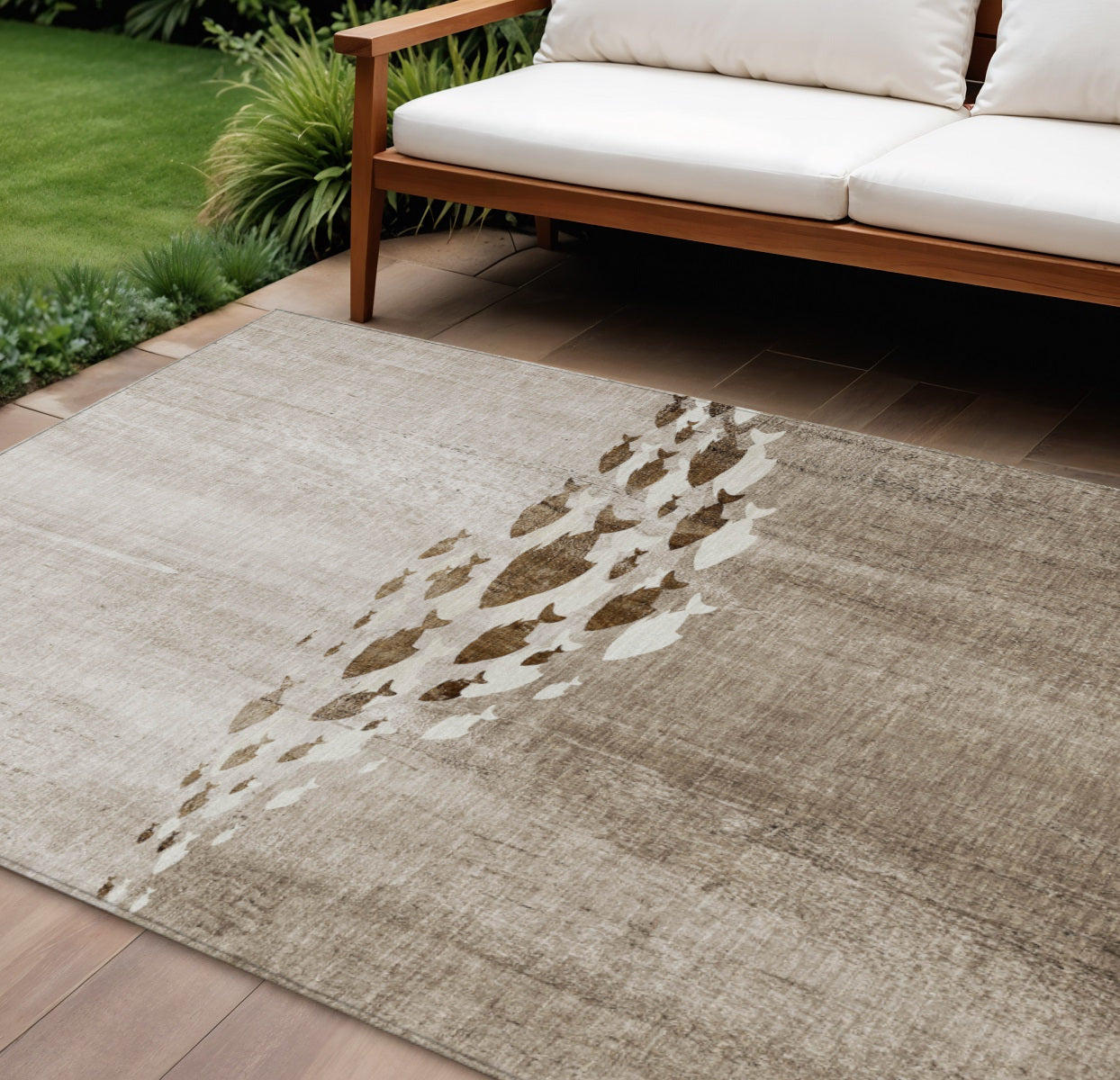 9' X 12' Taupe Brown And Khaki Nautical Washable Indoor Outdoor Area Rug