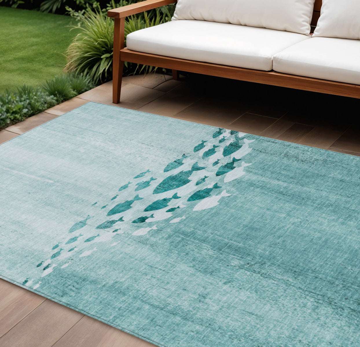 9' X 12' Teal Blue Aqua And Ivory Nautical Washable Indoor Outdoor Area Rug