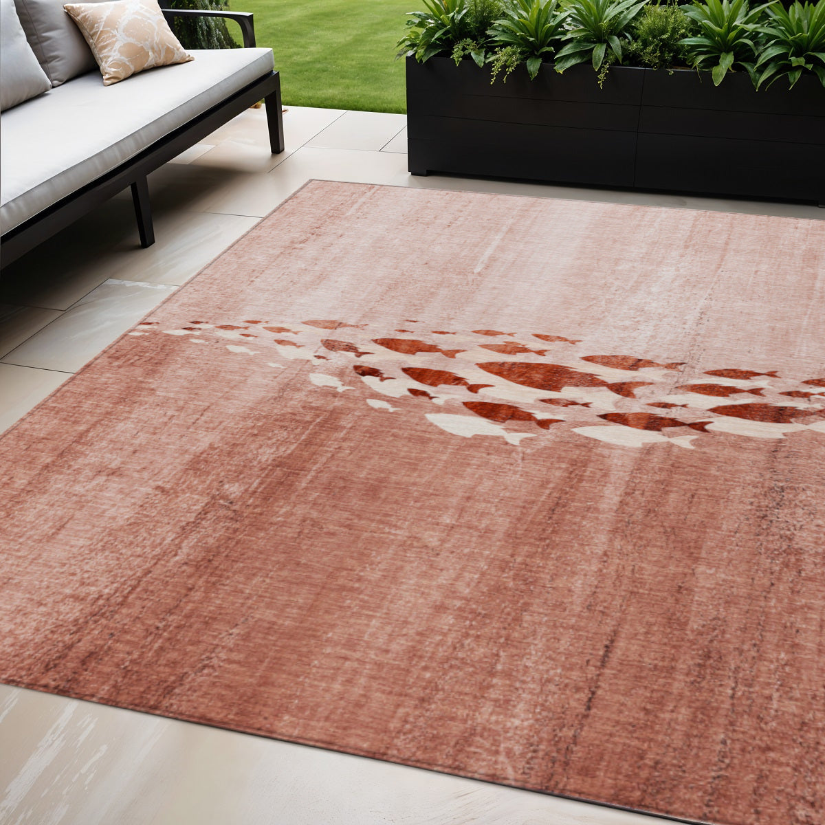 5' X 8' Terra Cotta Copper And Ivory Nautical Washable Indoor Outdoor Area Rug