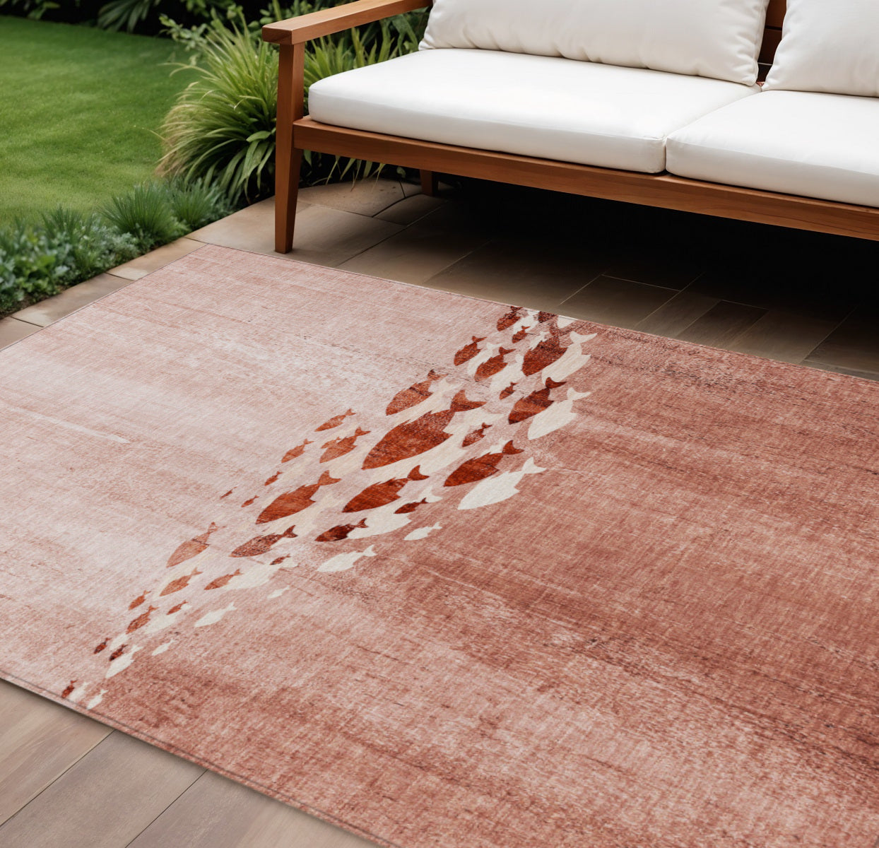 10' X 14' Terra Cotta Copper And Ivory Nautical Washable Indoor Outdoor Area Rug