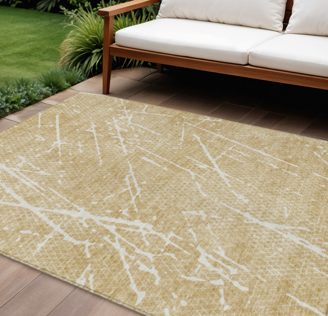 10' X 14' Beige And Ivory Abstract Washable Indoor Outdoor Area Rug