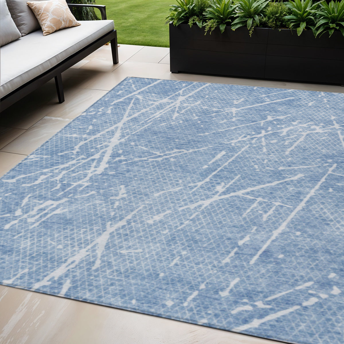 5' X 8' Blue And Ivory Abstract Washable Indoor Outdoor Area Rug